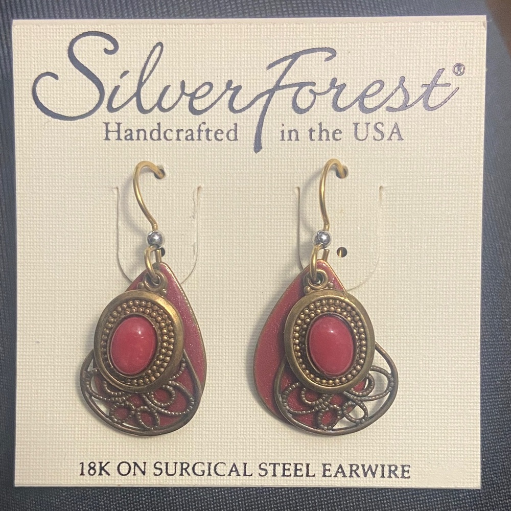 Silver Forest Red and Gold Teardrop Earrings